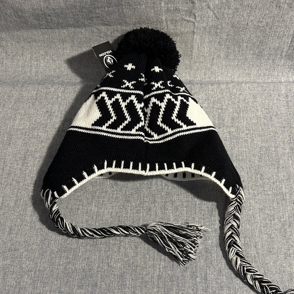 Volcom Black & White Pom Pom Earflap Beanie - Picture 5 of 14
